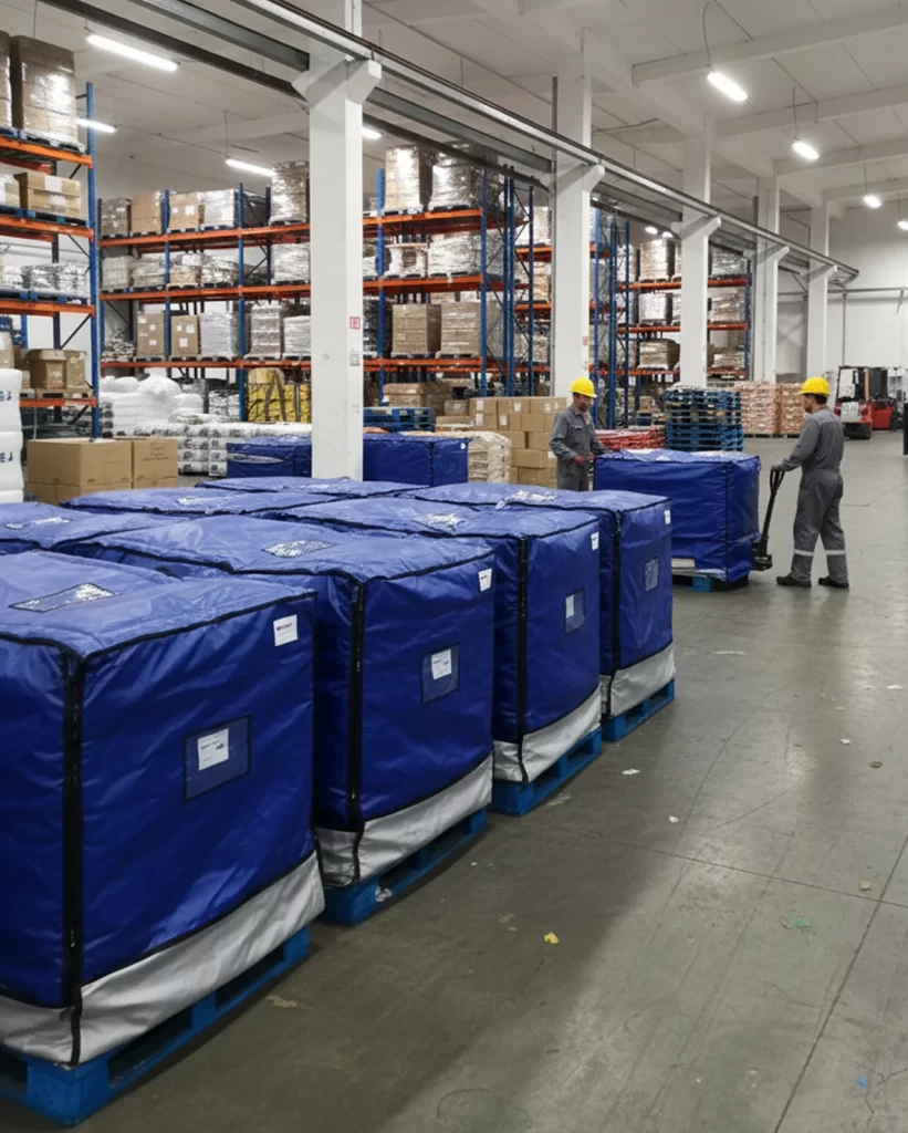 Blue insulated pallet covers protecting goods in a factory setting with two workers in overalls.
