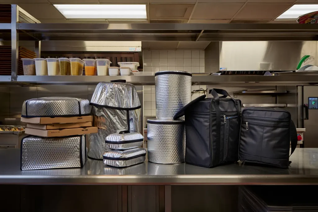 Insulated food cover maintaining temperature of prepared meals in commercial kitchen.