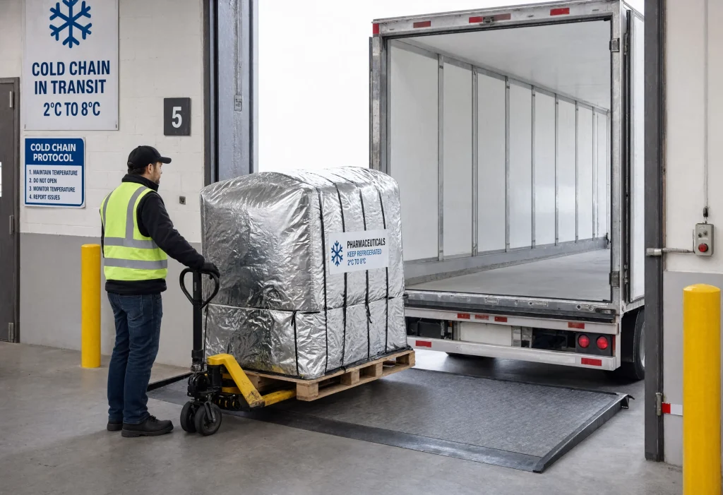 Pharmaceutical cold chain pallet with thermal cover during loading dock transfer — Coversolutions South Africa